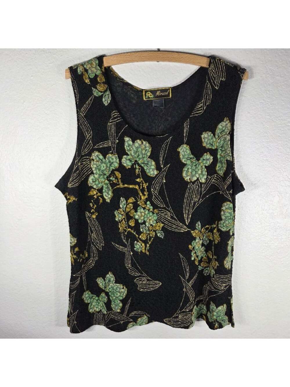 Mirasol Black Floral Sleeveless Tank Top Women’s Size L Scoop Neck Textured